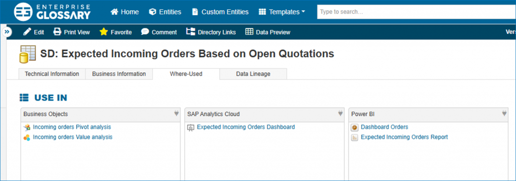 Where-Used in Data Catalog "Enterprise Glossary"