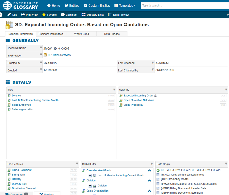 Technical Structure of Reports in Data Catalog "Enterprise Glossary"
